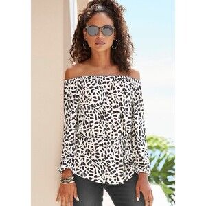 Lascana Black White Gold Animal Print Off Shoulder Blouse Top Size 8/10
